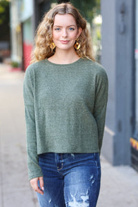 Stay Awhile Ribbed Dolman Cropped Sweater in Olive
