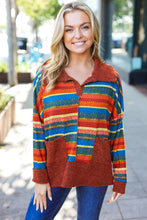 Load image into Gallery viewer, Rust &amp; Teal Striped Two Tone Knit Pocketed Top
