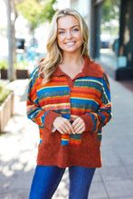 Load image into Gallery viewer, Rust &amp; Teal Striped Two Tone Knit Pocketed Top
