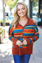 Load image into Gallery viewer, Rust &amp; Teal Striped Two Tone Knit Pocketed Top
