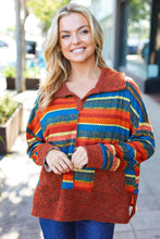 Load image into Gallery viewer, Rust &amp; Teal Striped Two Tone Knit Pocketed Top
