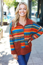 Load image into Gallery viewer, Rust &amp; Teal Striped Two Tone Knit Pocketed Top
