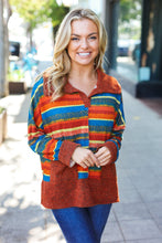 Load image into Gallery viewer, Rust &amp; Teal Striped Two Tone Knit Pocketed Top
