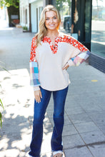 Load image into Gallery viewer, Rust &amp; Oatmeal Plaid Floral Color Block Notch Neck Top
