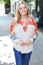 Load image into Gallery viewer, Rust &amp; Oatmeal Plaid Floral Color Block Notch Neck Top
