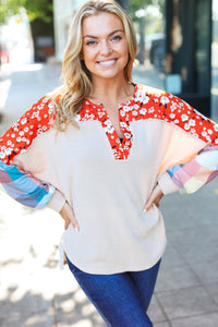 Rust & Oatmeal Plaid Floral Color Block Notch Neck Top