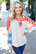 Load image into Gallery viewer, Rust &amp; Oatmeal Plaid Floral Color Block Notch Neck Top
