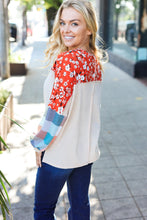 Load image into Gallery viewer, Rust &amp; Oatmeal Plaid Floral Color Block Notch Neck Top
