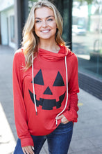 Load image into Gallery viewer, Orange Jack-O-Lantern French Terry Thumb Hole Double Hoodie
