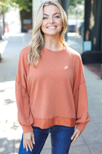 Weekend Ready Mineral Wash Rib Pullover Top in Rust