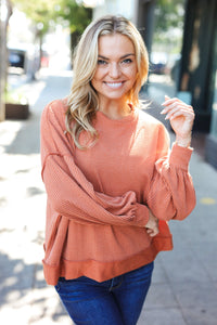 Weekend Ready Mineral Wash Rib Pullover Top in Rust