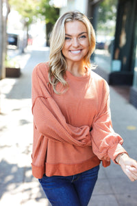 Weekend Ready Mineral Wash Rib Pullover Top in Rust