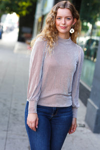 On Your Way Ribbed Mock Neck Puff Sleeve Top in Camel