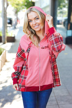 Load image into Gallery viewer, Adorable in Marsala Plaid Color Block Zipper French Terry Hoodie
