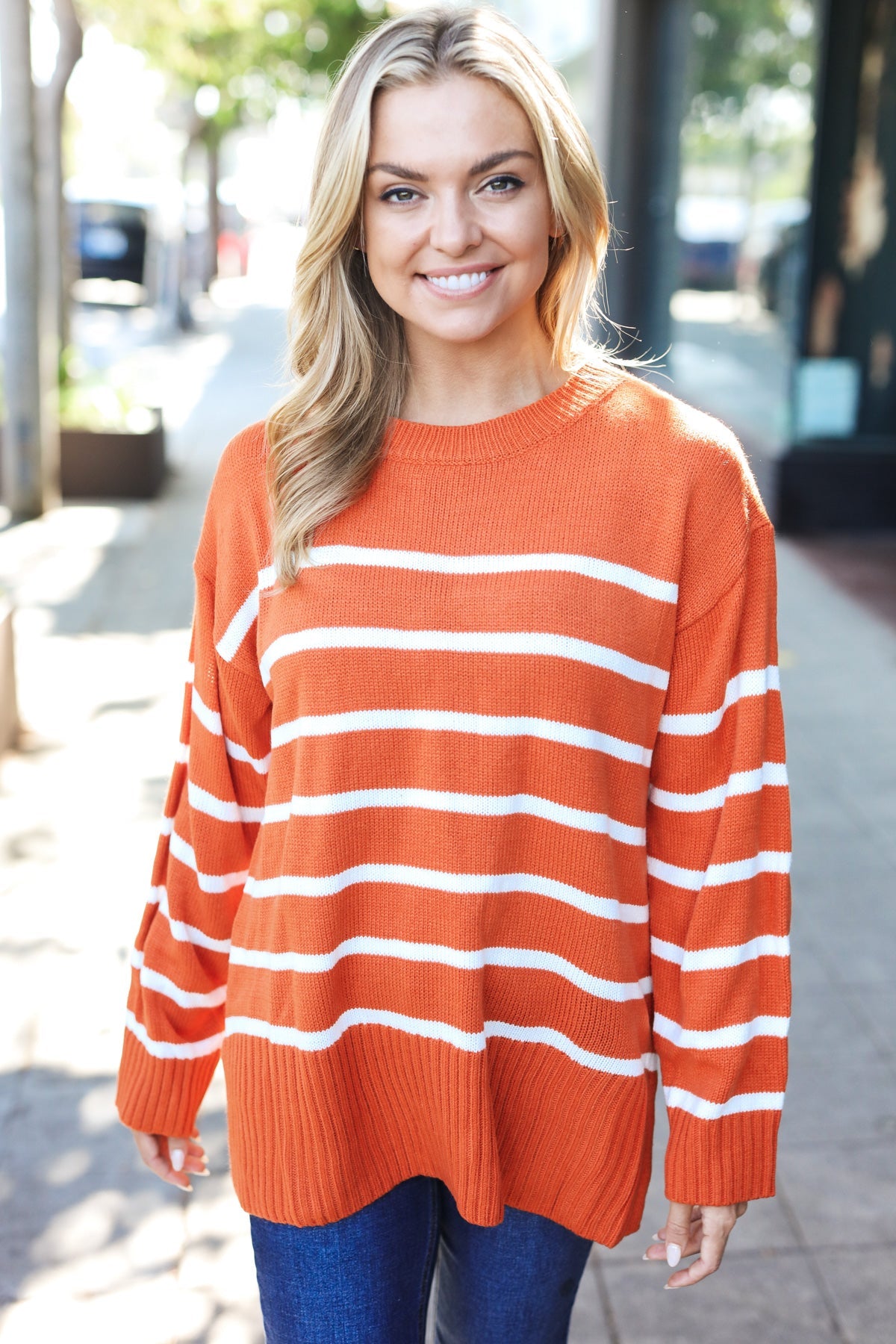 Stand Out Striped Oversized Knit Sweater in Rust