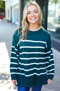 Stand Out Striped Oversized Knit Sweater in Hunter Green