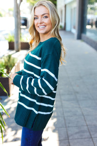 Stand Out Striped Oversized Knit Sweater in Hunter Green