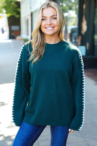 Rib Knit Stitch Detail Oversized Sweater in Hunter Green