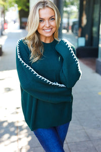 Rib Knit Stitch Detail Oversized Sweater in Hunter Green