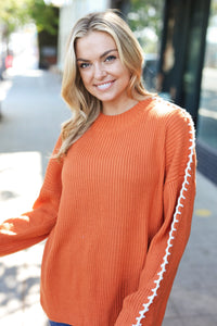 Rib Knit Stitch Detail Oversized Sweater in Rust