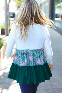 Charming Hunter Green Floral Frill Tiered Color Block Top