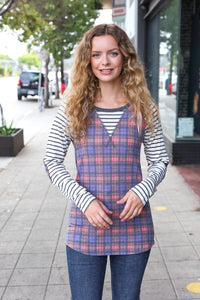 Feeling Playful Plaid/Stripe Outseam Stitch Elbow Patch Pullover