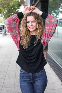 You Got This Burgundy Plaid Dolman Round Neck Top