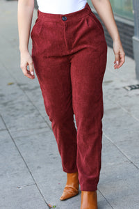 Going Your Way Corduroy High Rise Tapered Pants in Burgundy