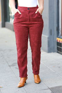 Going Your Way Corduroy High Rise Tapered Pants in Burgundy