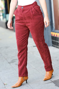 Going Your Way Corduroy High Rise Tapered Pants in Burgundy