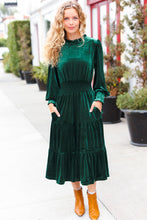 Load image into Gallery viewer, Holiday Dreaming Velvet Mock Neck Smocked Waist Dress in Hunter Green
