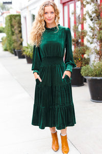 Holiday Dreaming Velvet Mock Neck Smocked Waist Dress in Hunter Green