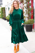 Load image into Gallery viewer, Holiday Dreaming Velvet Mock Neck Smocked Waist Dress in Hunter Green
