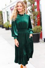 Load image into Gallery viewer, Holiday Dreaming Velvet Mock Neck Smocked Waist Dress in Hunter Green
