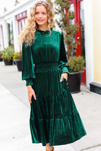 Load image into Gallery viewer, Holiday Dreaming Velvet Mock Neck Smocked Waist Dress in Hunter Green
