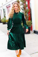 Load image into Gallery viewer, Holiday Dreaming Velvet Mock Neck Smocked Waist Dress in Hunter Green
