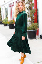 Load image into Gallery viewer, Holiday Dreaming Velvet Mock Neck Smocked Waist Dress in Hunter Green
