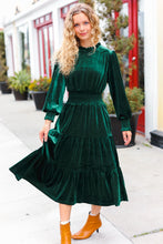 Load image into Gallery viewer, Holiday Dreaming Velvet Mock Neck Smocked Waist Dress in Hunter Green
