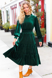 Holiday Dreaming Velvet Mock Neck Smocked Waist Dress in Hunter Green