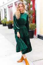 Load image into Gallery viewer, Holiday Dreaming Velvet Mock Neck Smocked Waist Dress in Hunter Green
