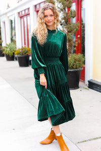 Holiday Dreaming Velvet Mock Neck Smocked Waist Dress in Hunter Green