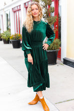 Load image into Gallery viewer, Holiday Dreaming Velvet Mock Neck Smocked Waist Dress in Hunter Green
