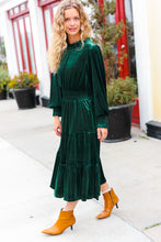 Load image into Gallery viewer, Holiday Dreaming Velvet Mock Neck Smocked Waist Dress in Hunter Green
