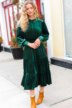 Load image into Gallery viewer, Holiday Dreaming Velvet Mock Neck Smocked Waist Dress in Hunter Green
