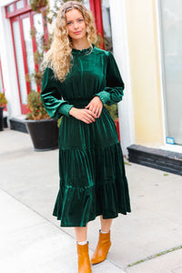 Holiday Dreaming Velvet Mock Neck Smocked Waist Dress in Hunter Green