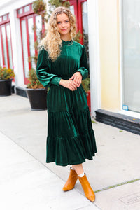 Holiday Dreaming Velvet Mock Neck Smocked Waist Dress in Hunter Green