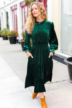 Load image into Gallery viewer, Holiday Dreaming Velvet Mock Neck Smocked Waist Dress in Hunter Green
