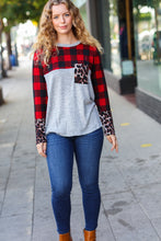 Load image into Gallery viewer, All Of Me Grey &amp; Red Plaid Animal Print Pocketed Top
