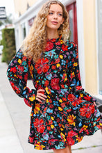 Load image into Gallery viewer, Lock Eyes Black Floral Sequin Print Ruffle Sleeve Frill Mock Neck Dress
