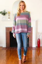 Load image into Gallery viewer, Classic Chic Olive &amp; Burgundy Striped Textured Knit Top
